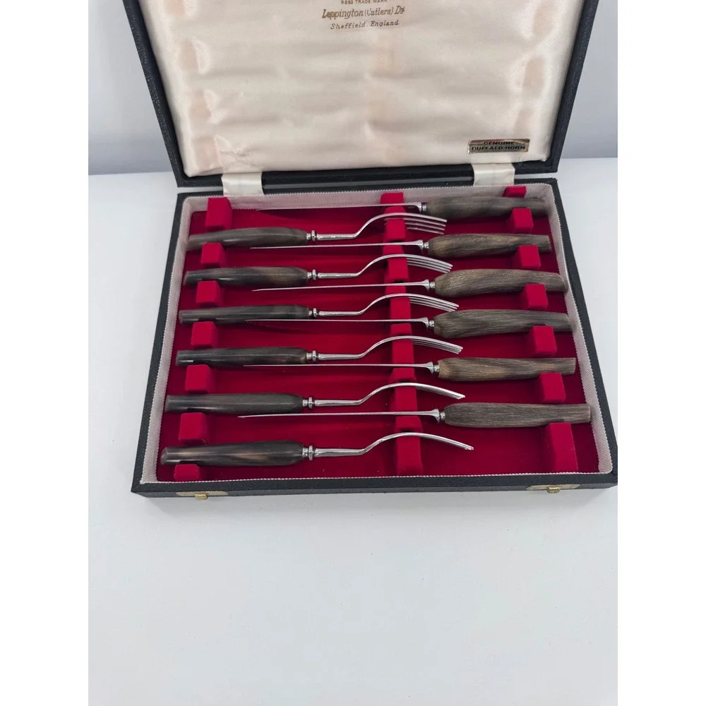 Cutlass Leppington Steak Knife Fork Set 12pc Buffalo Horn Sheffield England Case